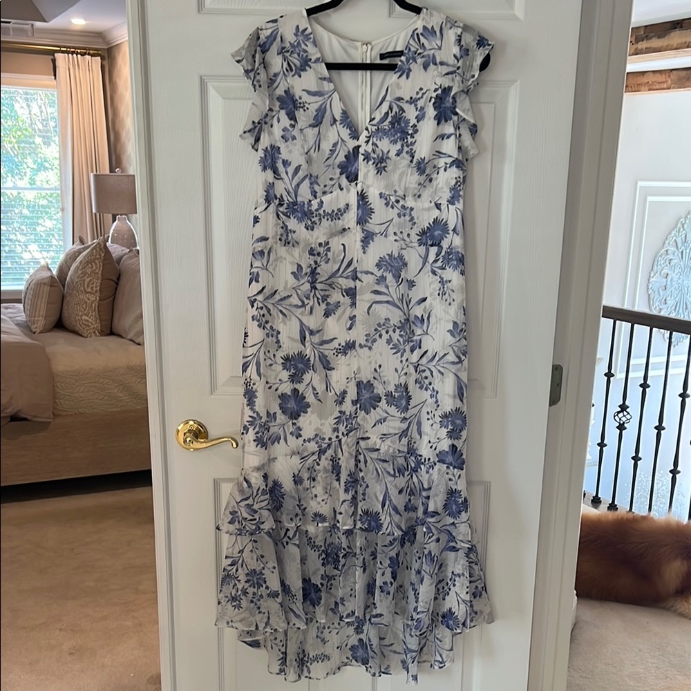 Tommy Hilfiger Blue and White Ruffled Tiered Midi Dress